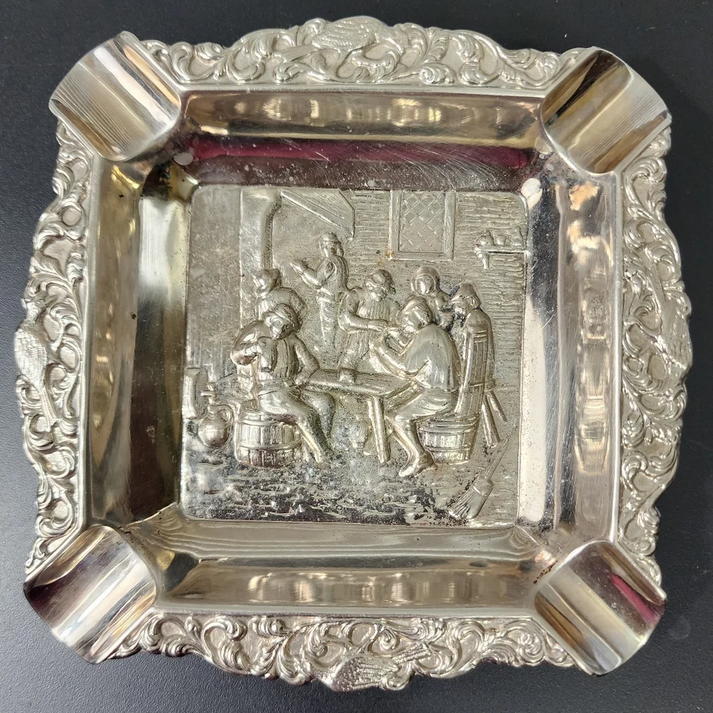 Antique Silver Plated Ashtray Ornate Detailed Men Tavern Table Vintage